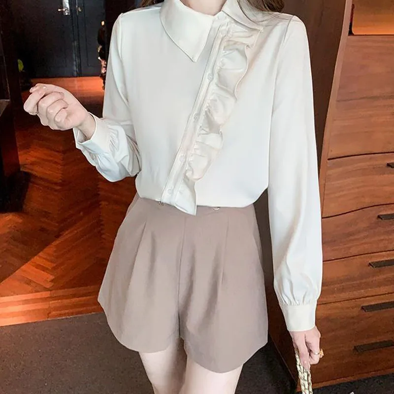 High-end Temperament Turn-down Collar Ruffles Ladies Shirt Patchwork Thin Office Lady Chiffon Single Breasted French Long Sleeve