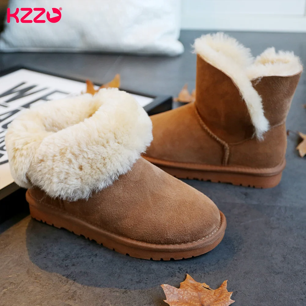 KZZO New Women Australia Sheepskin Leather Short Snow Boots Natural Wool Fur Lined Fashion Ankle Winter Warm Shoes Non-slip