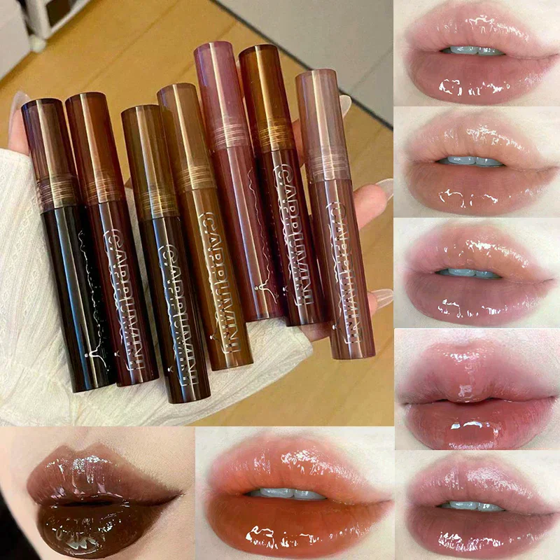Cappuvini Punk espejo marrón oscuro brillo de labios de agua esmalte de labios rojo aceite de labios de vidrio transparente impermeable lápiz labial líquido tinte maquillaje