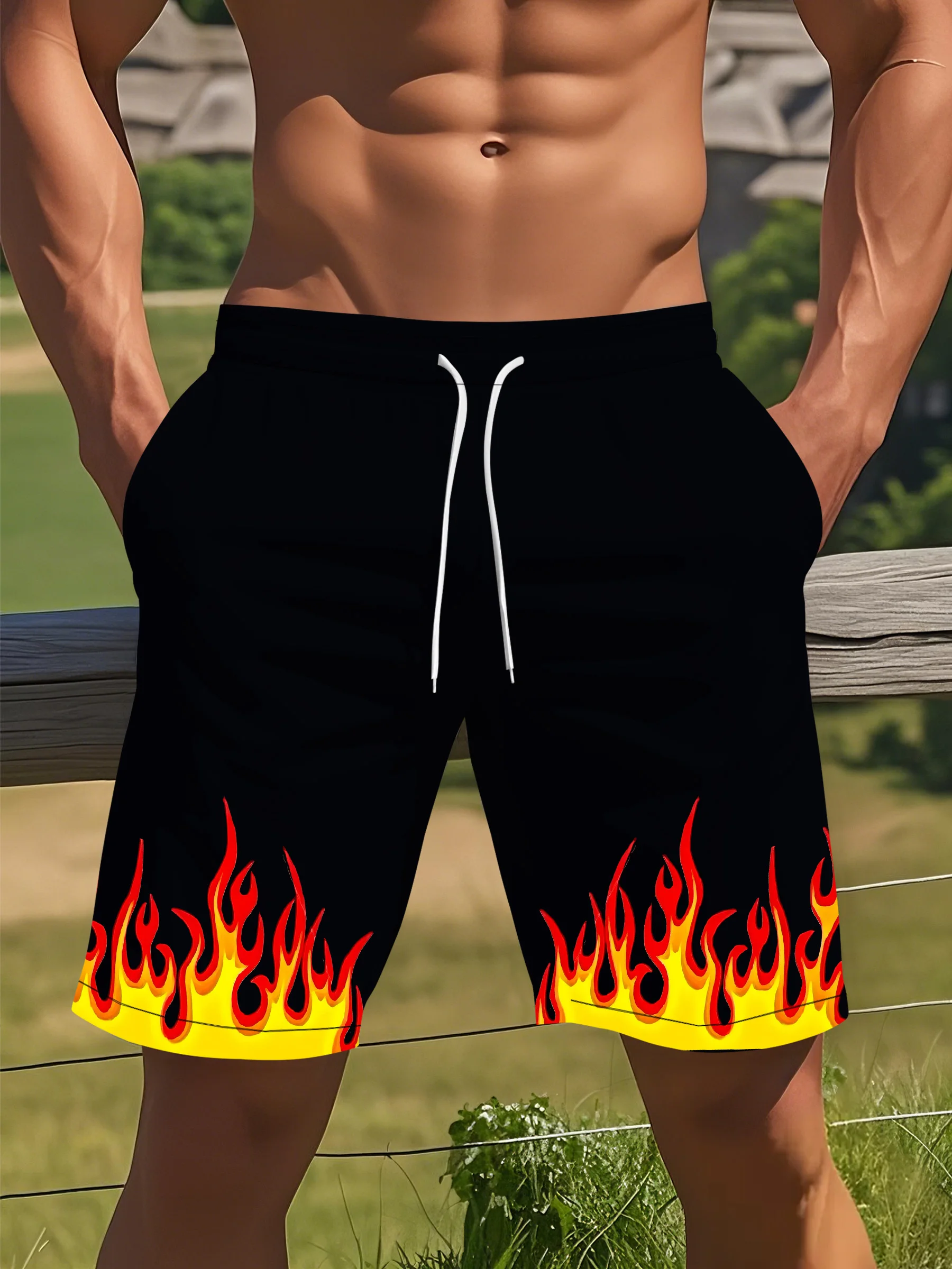 Street Hip-hop Flame Graphic Shorts Harajuku Style Fashion Y2k Beach Shorts Sports Casual Breathable Quick-drying Men's Pants