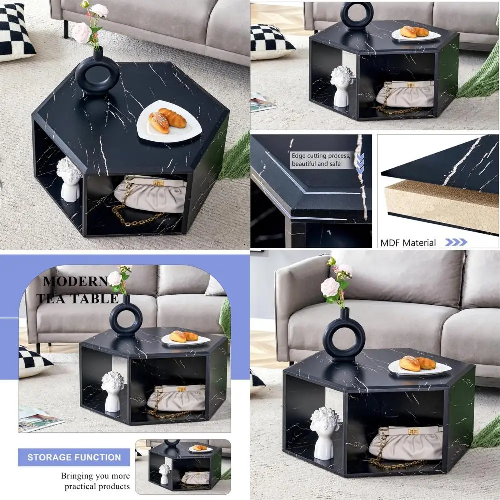 Meja Kopi Marmer Imitasi Modern dengan Penyimpanan, Furnitur Ruang Tamu Hitam Berbentuk Heksagonal, Kompartemen Buku, Meja Aksen Dekoratif