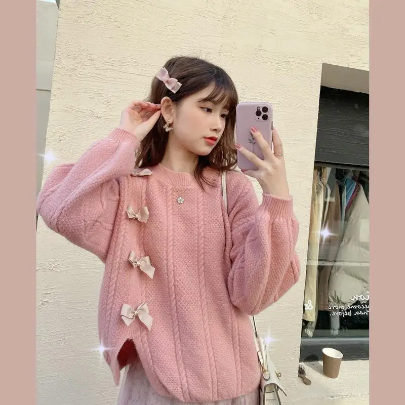 Pullovers Women S-3XL Bow Design Sweet Spring 4 Colors Split Chic Sweaters Cozy Colleges Cute Korean Style Gentle Mujer Simple