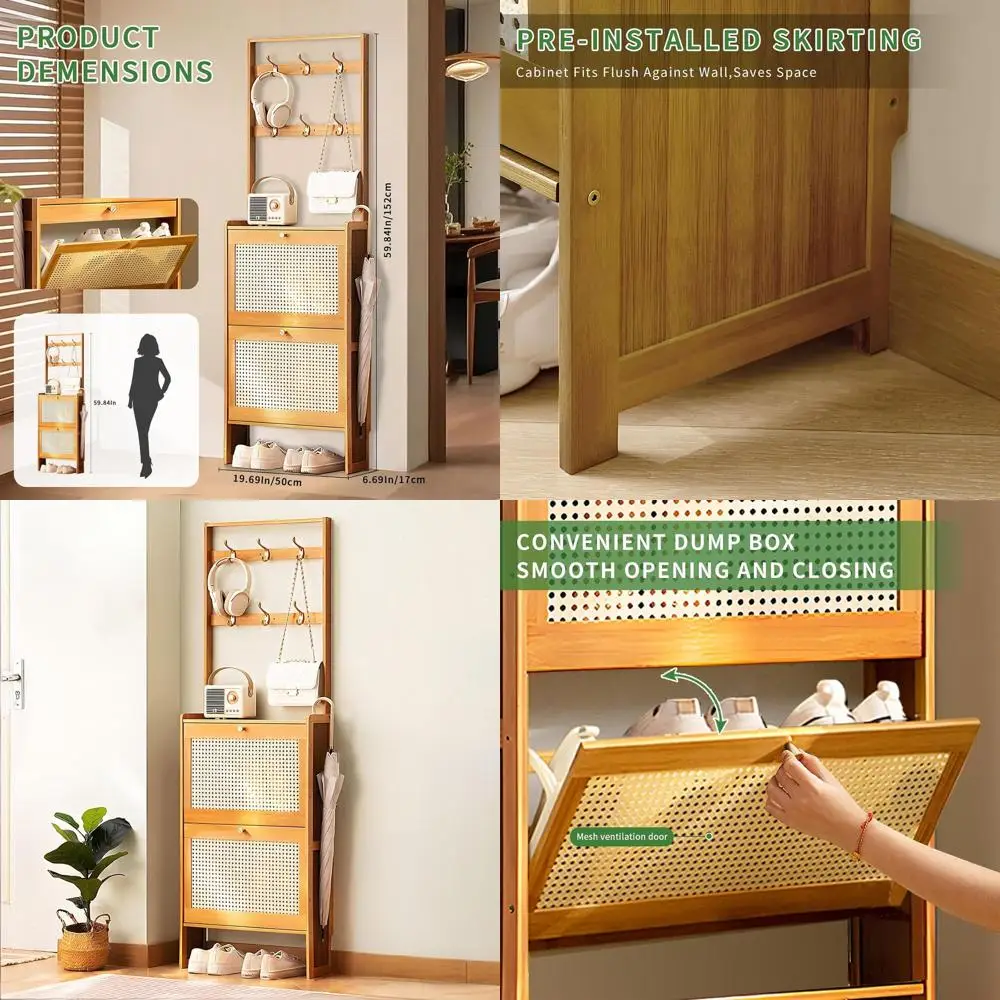 

2-Tier Wooden Shoe Cabinet with Coat Rack for Entryway, Hallway, or Closet - Natural Finish, 6.7 Depth