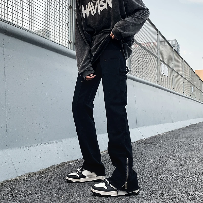 Dark Style Zipper Denim Pants Men's Wide Leg Straight Vintage Draping Loose Split Frayed Micro Flared Long Trousers