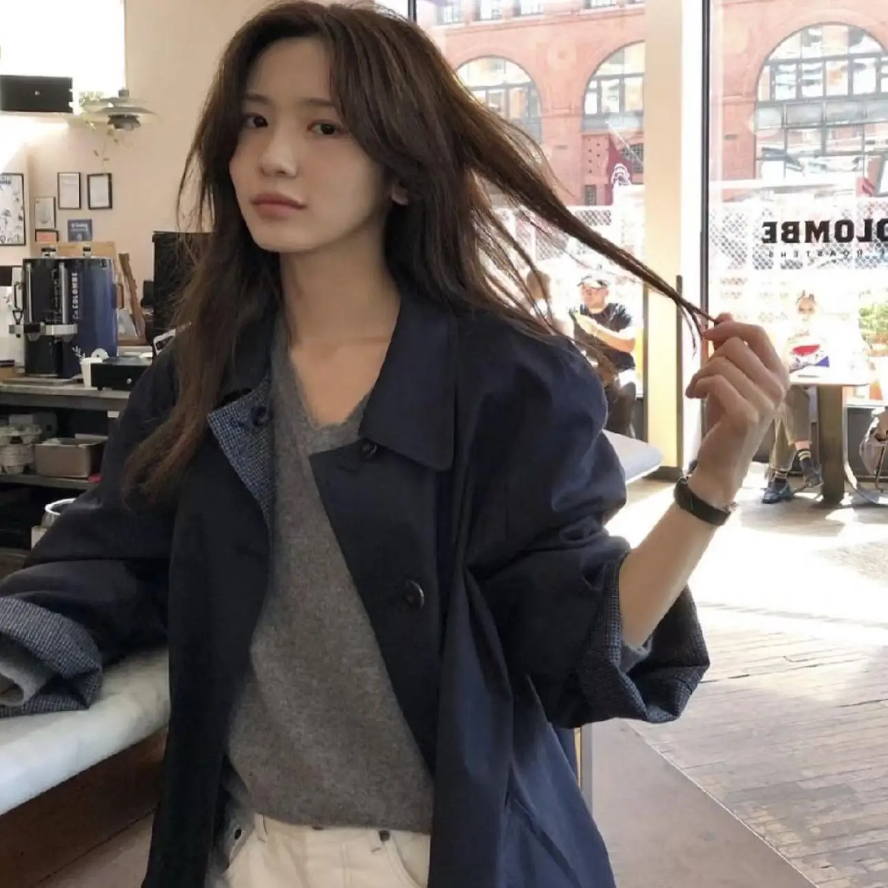 

2024 Dongdaemun Thebarnne Women's Plaid irt Sved Midi Length Coat Casual Korean Sle Cotton Material Collar