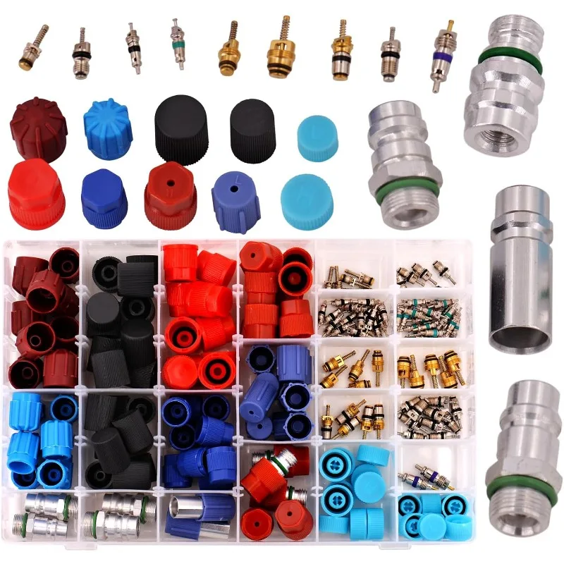 188PCS R134a A/C Valve Core Dust Cap Kit 23 Styles Universal Car Air Conditioning Repair Set with High Low Side Service Ports