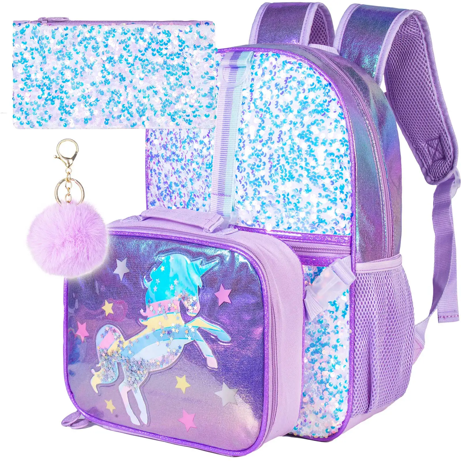 3PCS Unicorn Backpack, 16”Kids Sequin Bookbag for Girls with Lunch Box, School Bag for Elementary Toddler