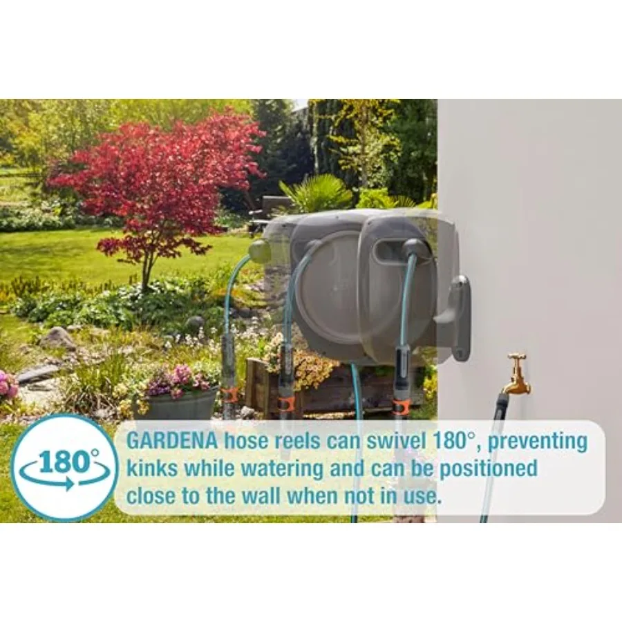 Heavy duty wall mounted retractable garden hose reel with 50 feet of 1 2 inch durable hose automatic retraction system and adju