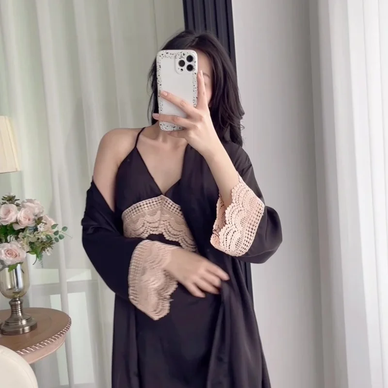 Golden Velvet Pajamas Three-Piece Female Autumn and Winter Long-Sleeved Robe Set Sexy Lace Sling Pajamas Nightgowns Homewear