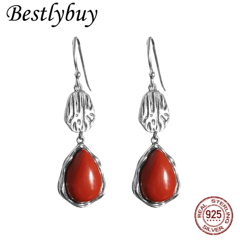 

New S925 Silver Inlaid Red Agate Retro New Chinese Water Drop Pendant Earrings Women's Fashion Gift