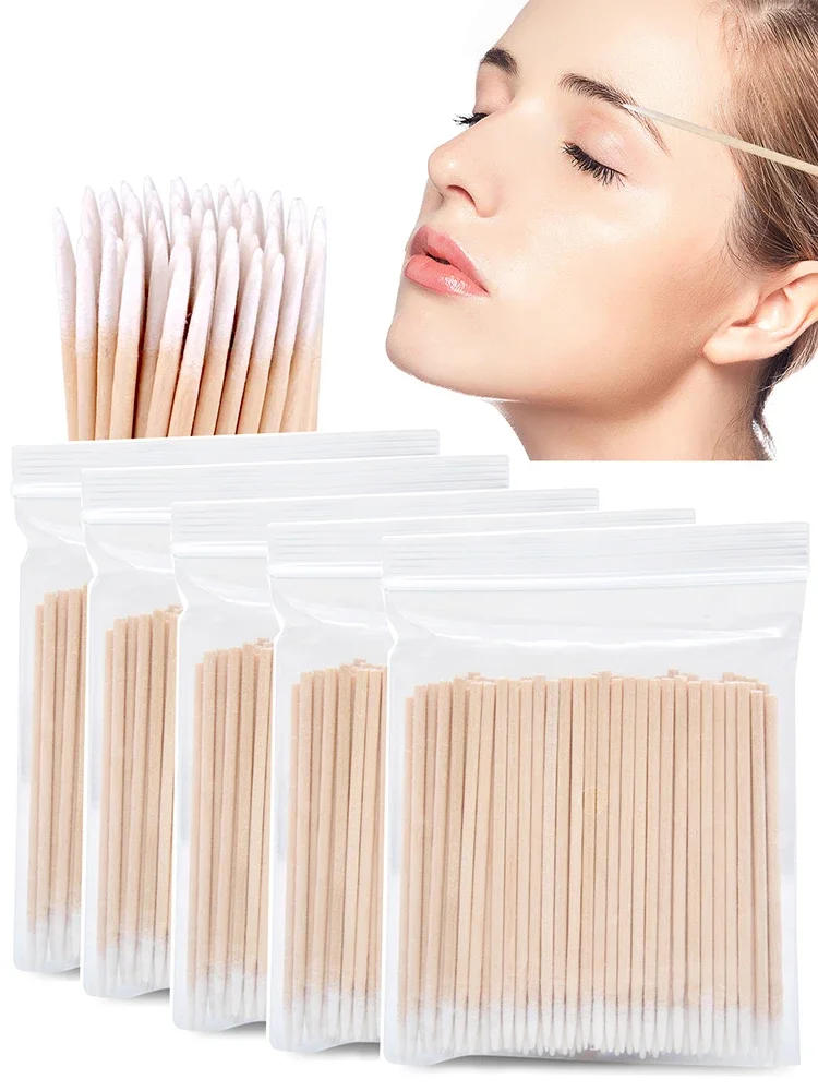 100-500 Stück Einweg-Ultra-Kleine Baumwollstäbchen Fusselfreie Mikrobürsten Holz-Wattestäbchen Wimpernverlängerung Klebstoffentferner – Detail 1