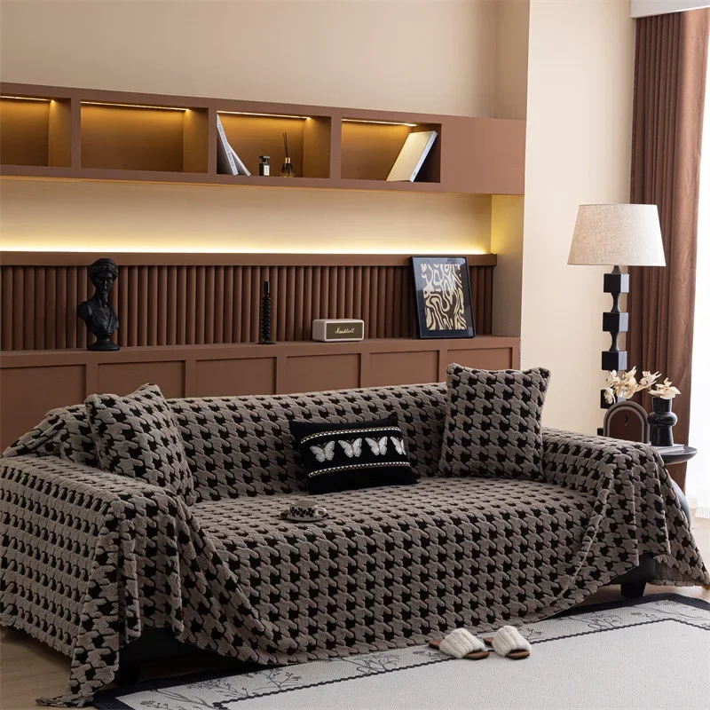 EIFLOY-Houndstooth Plush Sofa Cover, Anti Slip, Blanket, 3 Seat, Thick Corner Couch Slipcover, Velvet Furniture Protector, Soft