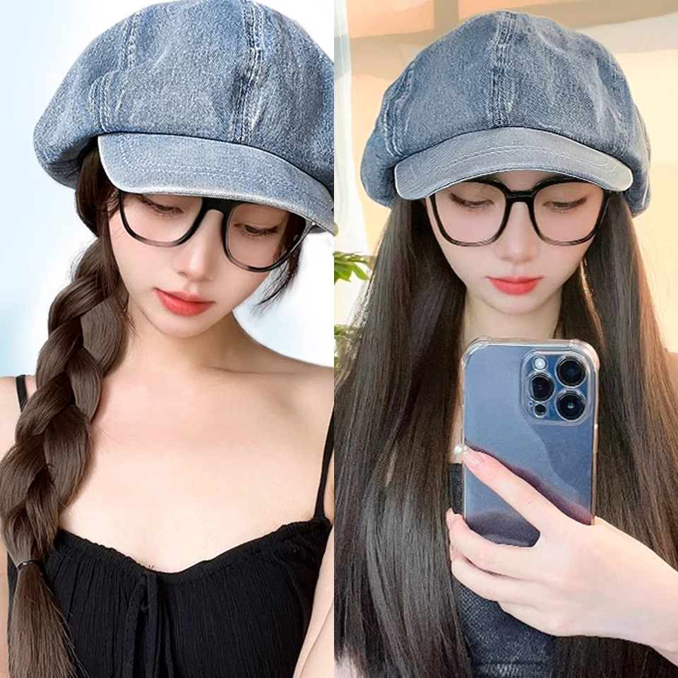 Synthetic Hat Wig One Female Fashion Cowboy Cloud Hat Long Straight Hair Full Head