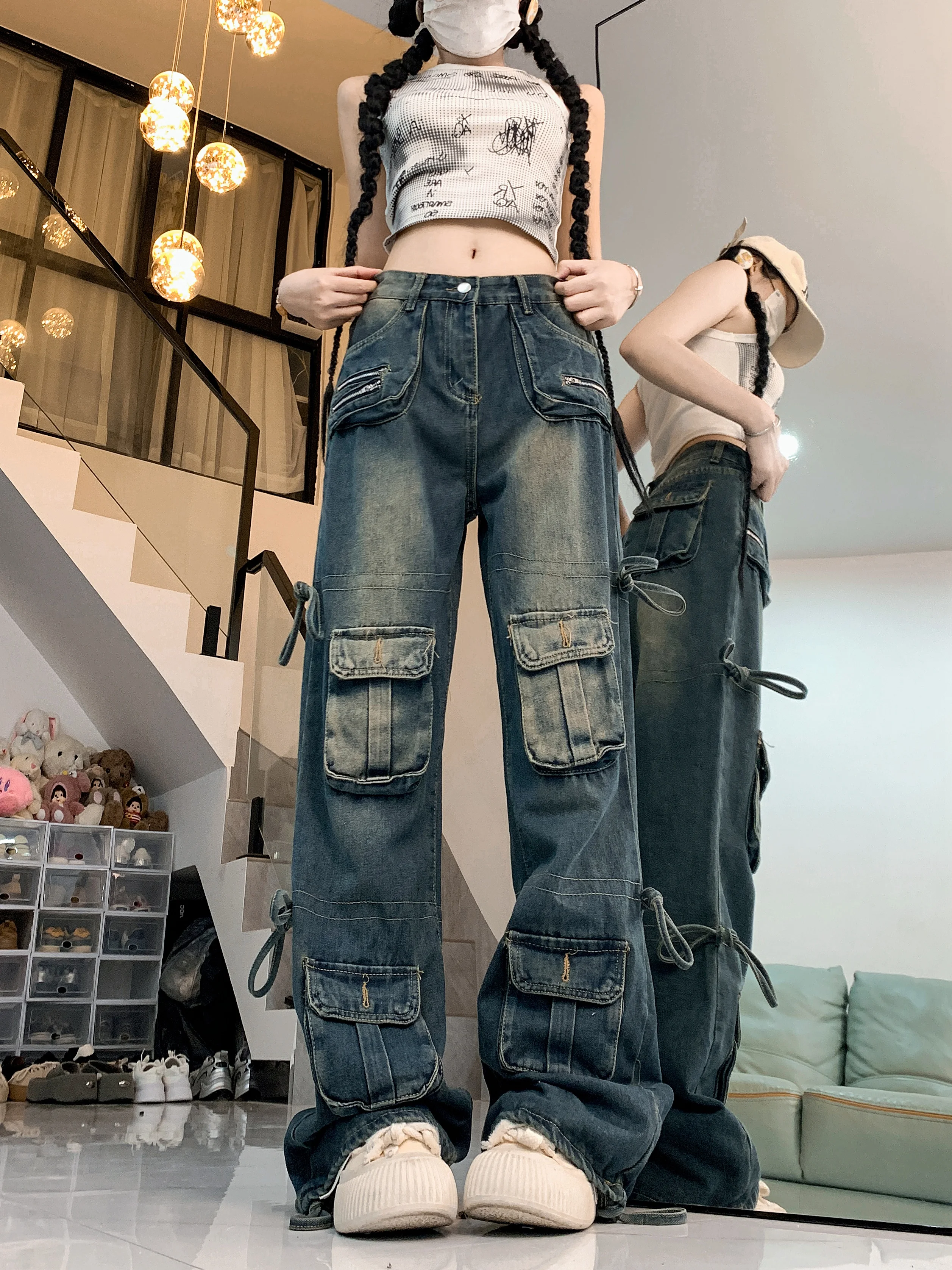 

Multi-Flap Pocket Pants American Retro Work Jeans for Women Niche High-Waist Slim Wide-Leg Straight Pants