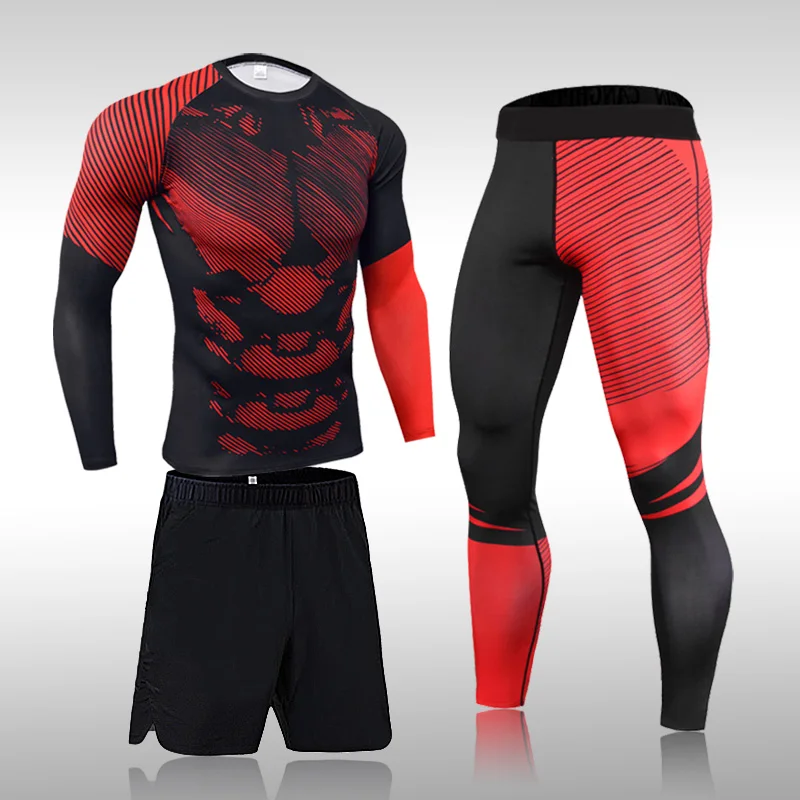 Men\'s Sports Suit MMA Rashgard Male Quick Drying Exercise Workout Leggings Sportswear Compression Clothing Fitness Training Kit