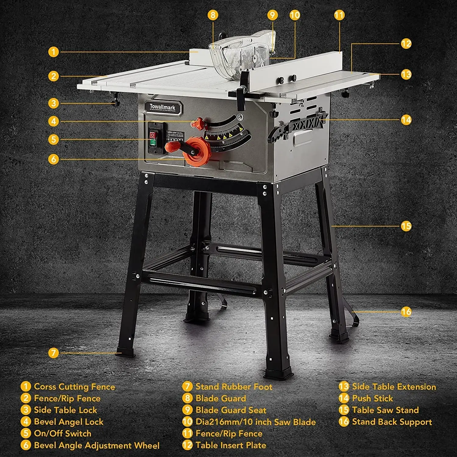 Table Saw 10 Inch 15A Multifunctional Saw with Stand & Push Stick 90° Cross Cut & 0-45° Bevel Cut Adjustable Blade Height