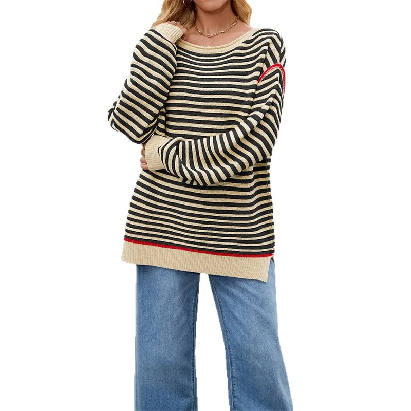 2025 New Ropa De Mujer Autumn And Winter Striped Knitted Tops For Woman Round Neck Pullover Loose Long Sleeved Commuting Sweater