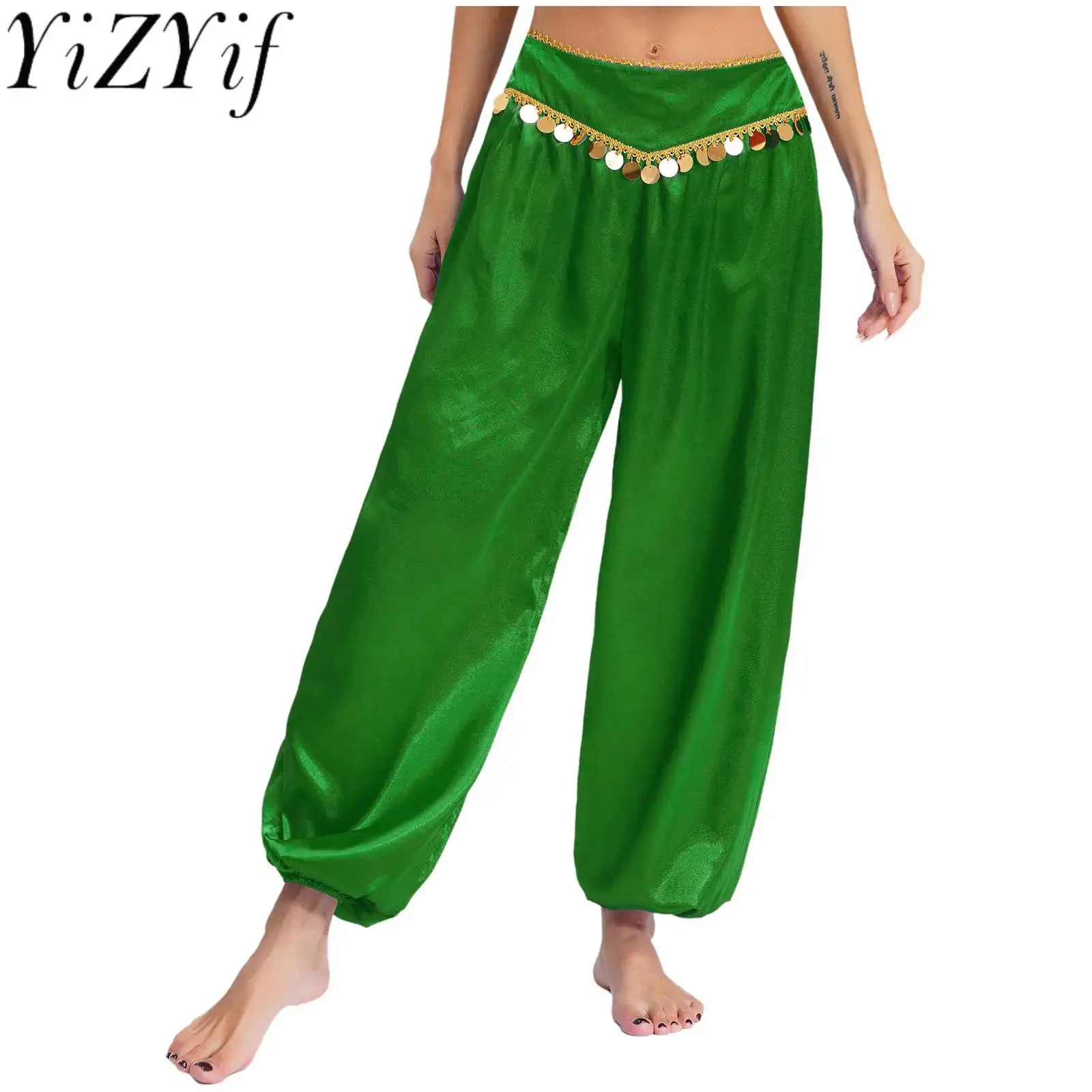 

Women Satiny Belly Dance Bloomer Pants Loose Harem Baggy Dance Pants Halloween Arabian Indian Folk Dance Performance Trousers
