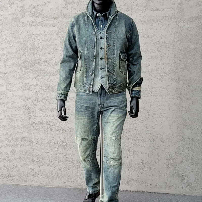 Amekaji Wear Clothes Men Classic Green Collar Denim Jacket Overalls Dyed Washed Distressed