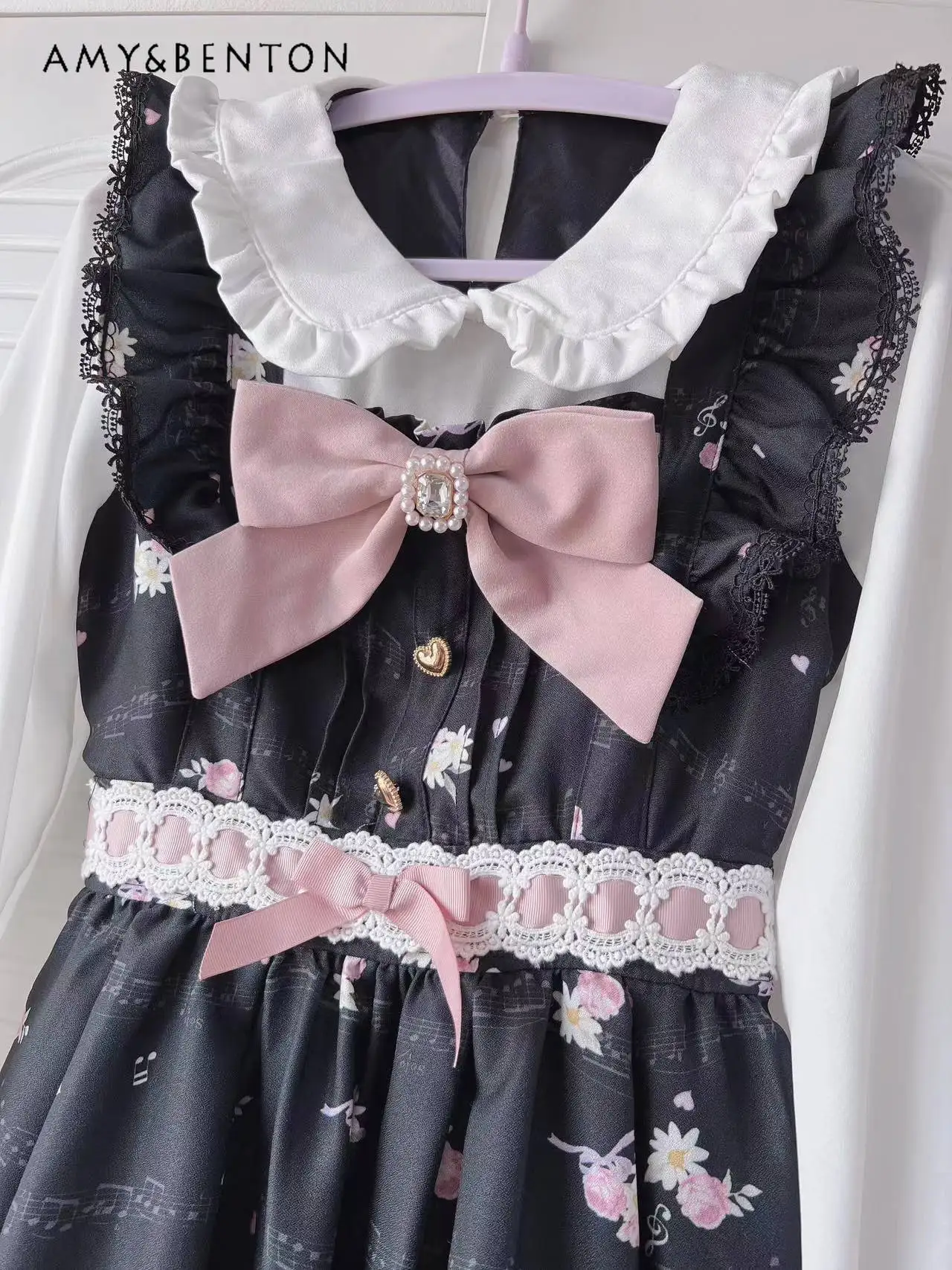 Spring Summer New Japanese Sweet Bow Liz Dress Women Mine Mass-Produced Kawaii Printed Doll Collar Dress Lolita Dresses Dress