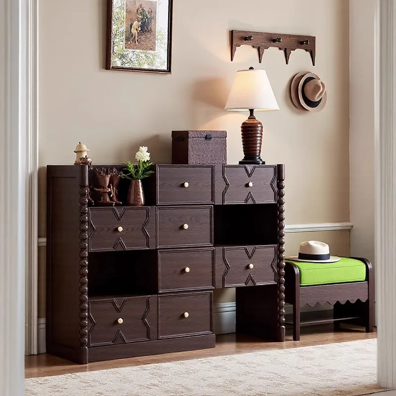 

American solid wood telescopic shoe cabinet, household entrance storage cabinet integrated against the wall, indoor decorative d