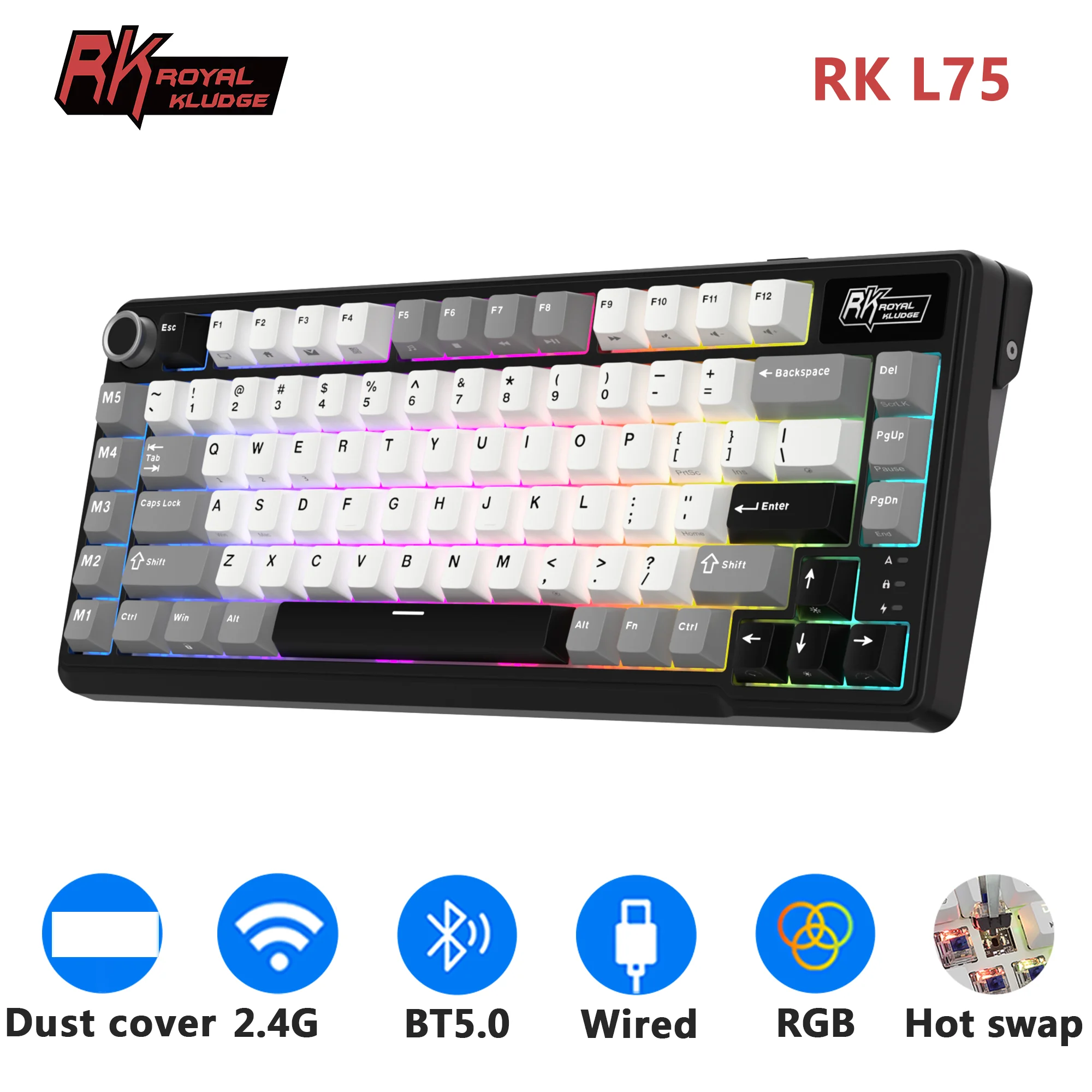 RK ROYAL KLUDGE L75 Пять ярких клавиш Настраиваемая механическая клавиатура Прокладка Структура Трехрежимная RGB-подсветка Геймерская клавиатура