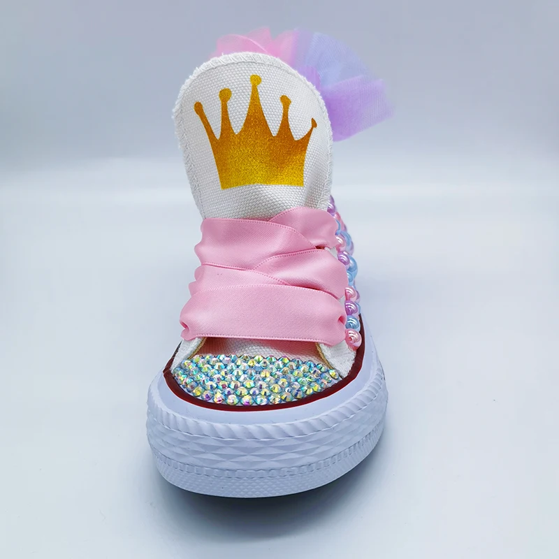 Kids Canvas Shoes Mesh Flower Back Design Crown Theme Birthday Party DIY For Girl Shoes Dollbling Handmade Bling Sneakers