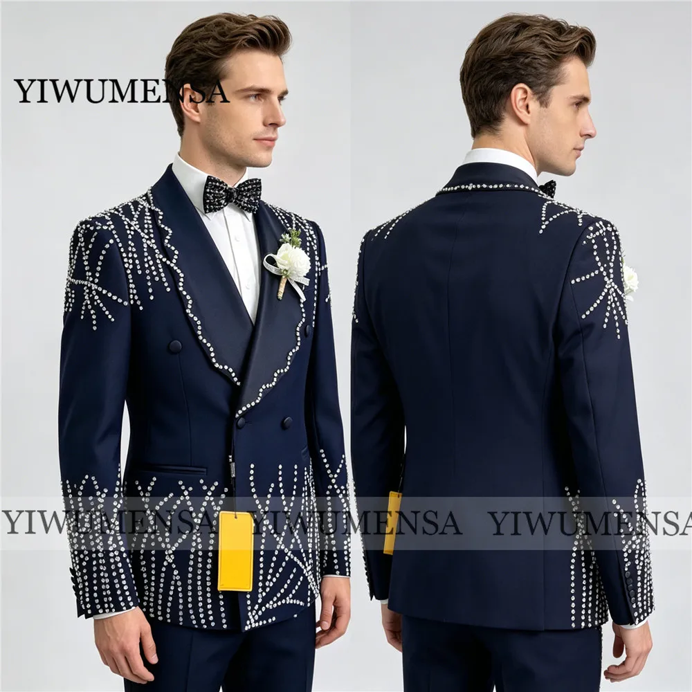 

Luxury Men's Suit For Wedding Metallic Rhinestones Jacket Pants 2 Piece Sets Groom Prom Blazer Tuxedo Customized Costumes Hommes