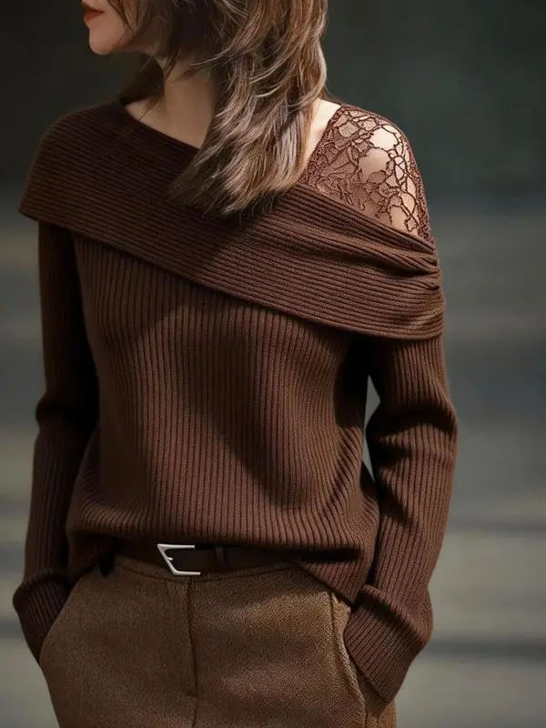 Harajuku Chocolate Brown Elegant Off Shoulder Knit Sweater For Women Vintage Lace Spliced Ribbed Jumper Sexy Chic Pullover Top
