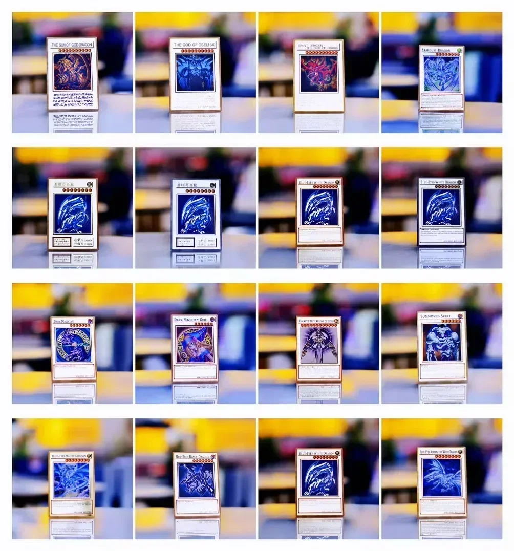 Cartas Yugioh de Metal Yu Gi Oh, letras, ojos azules, dragón blanco, mago oscuro, chica, obelisco Ra, cartas de juego de hierro dorado, juguetes de
