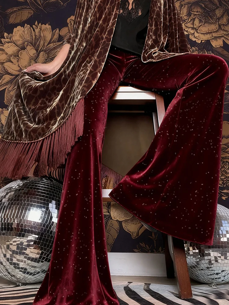 Herbst Winter Neue Frauen Einfarbig Pendeln Hosen Elegante Dünne Temperament Hose Vintage Samt Pailletten Hohe Taille Flare Hosen