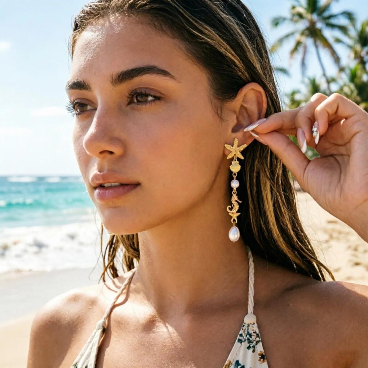 Ozean-Urlaub Seestern Muschel Seepferdchen Imitationsperlen Tropfenohrringe für Damen und Herren Böhmische Muschelohrringe Sommer Strand Schmuck – Detail 11