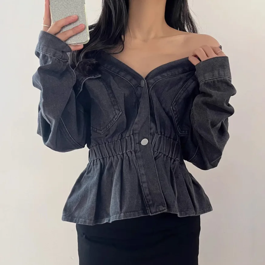 스파이스 걸 데님 허리 셔츠 여성 봄 신상 오프숄더 디자인 감각 큰 포켓 스티치 V넥 탑