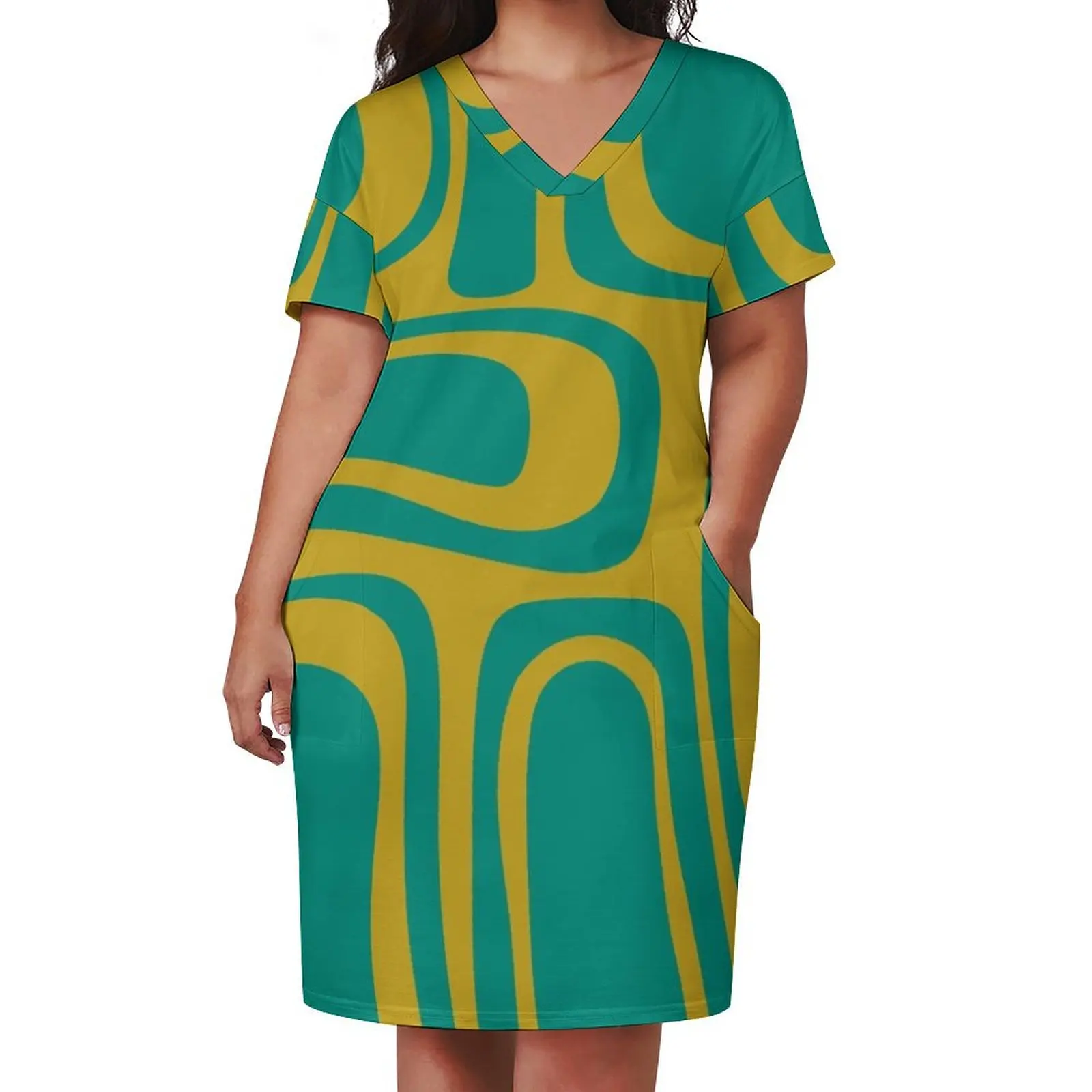 Palm Springs Retro Midcentury Modern Abstract Pattern in Mid Mod Turquoise Teal and Mustard Loose Pocket Dress