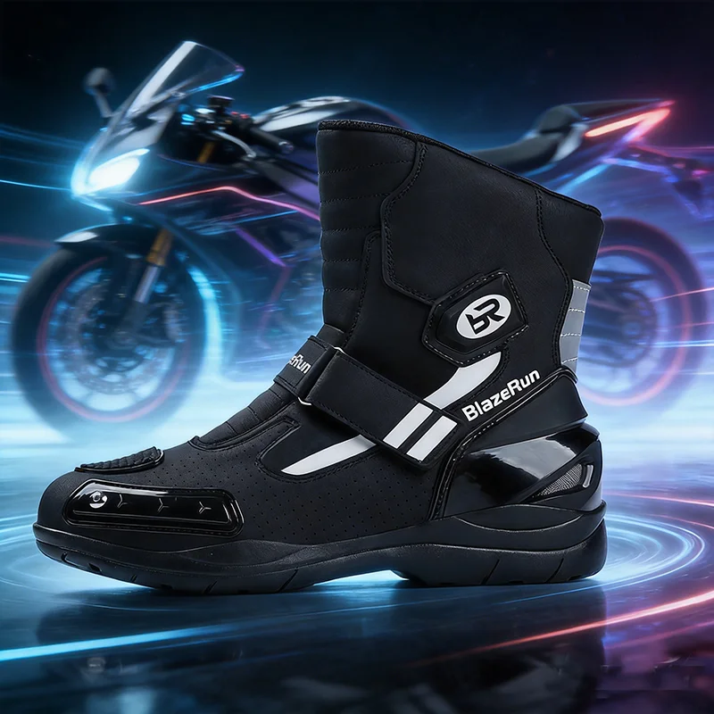 Men Motorcycle Boots Breathable Anti-fall Rider Road Racing Casual Shoes Boots Gear Shift Rubber Sole Reflective Motorbike Shoes