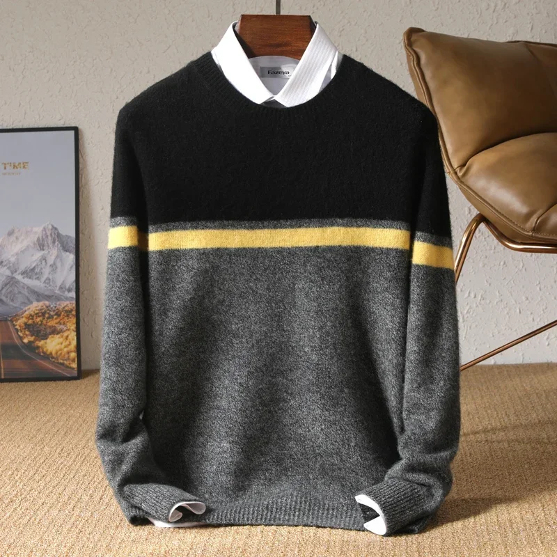 Autumn and Winter New Color Blocking Sweater Men's Round Neck Knitted Pullover 100% Pure Wool Large Size Long Sleeved Menswear