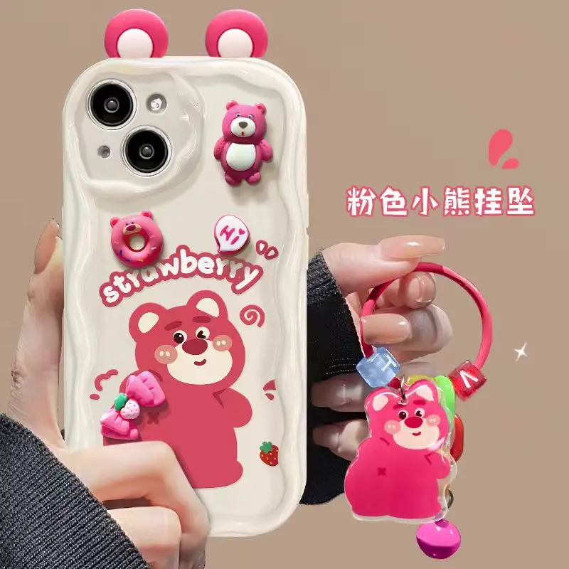 Cute Lotso Winnie Bear Cartoon Phone Case for iPhone 15 14 Pro Max 13 Mini 12 11 X XS XR 7 8 Plus Wave TPU With Pendant Cover