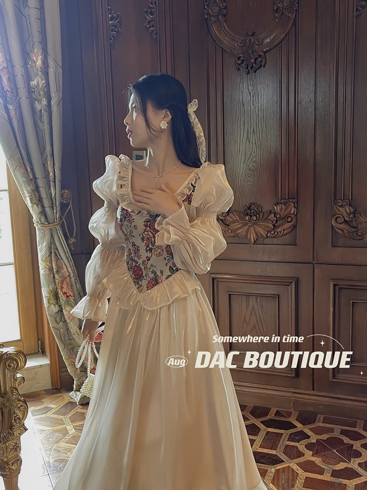 Women European Medieval Retro Court Princress Dress Bubble Sleeve Long Ball Gown Cosplay Costume Vintage Gothic Elegant Skirt