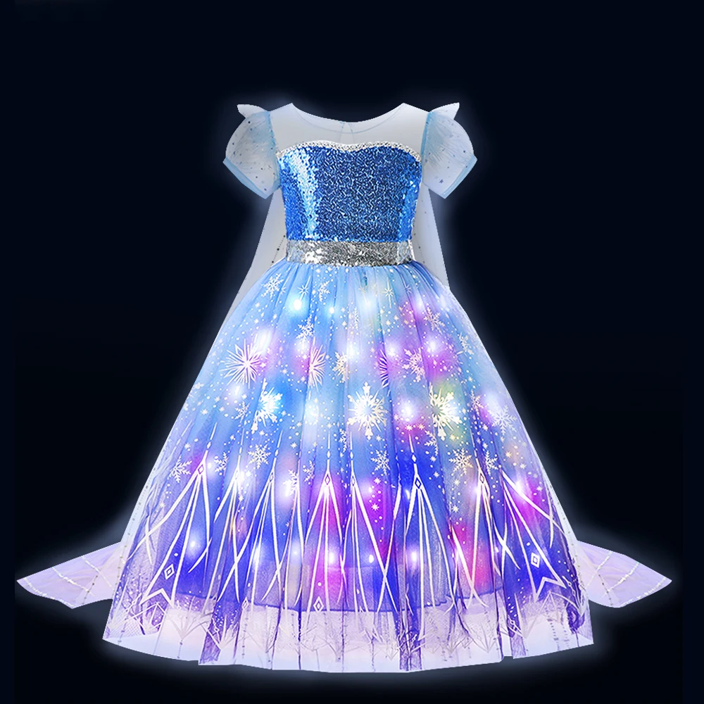 Disney Frozen Elsa Costume for Kids Girl 2024 Snow Queen LED Light Up Fancy Carnival Party Gown Luxury Sequins Children Dresses