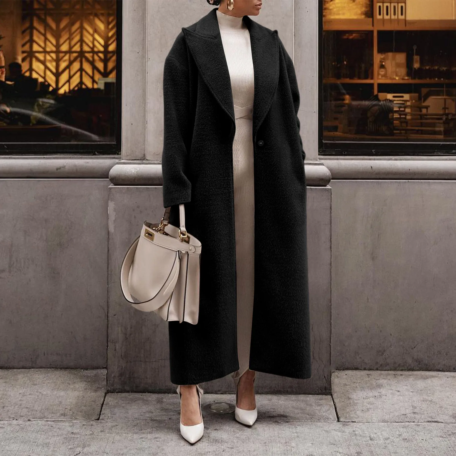 

Women's Long Coat Autumn Winter Warm Lapel Length Single Button-Down Coat Plush Thickened Loose Straight Coat with Pocket