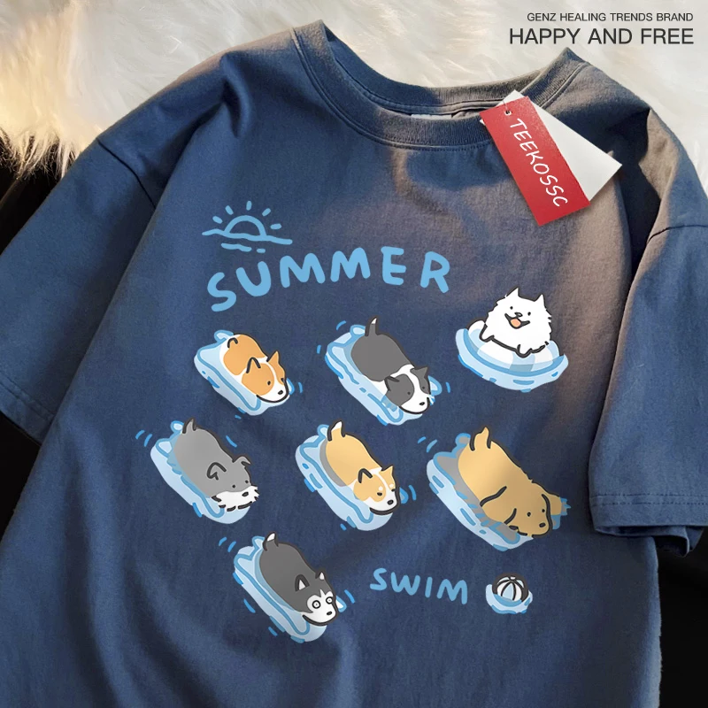 Fun Cat And Dog Swimming Japanese Style T-Shirt Female Casual Loose T-Shirts Summer Cotton Tops Fashion Breathable Tee Clothing image 4