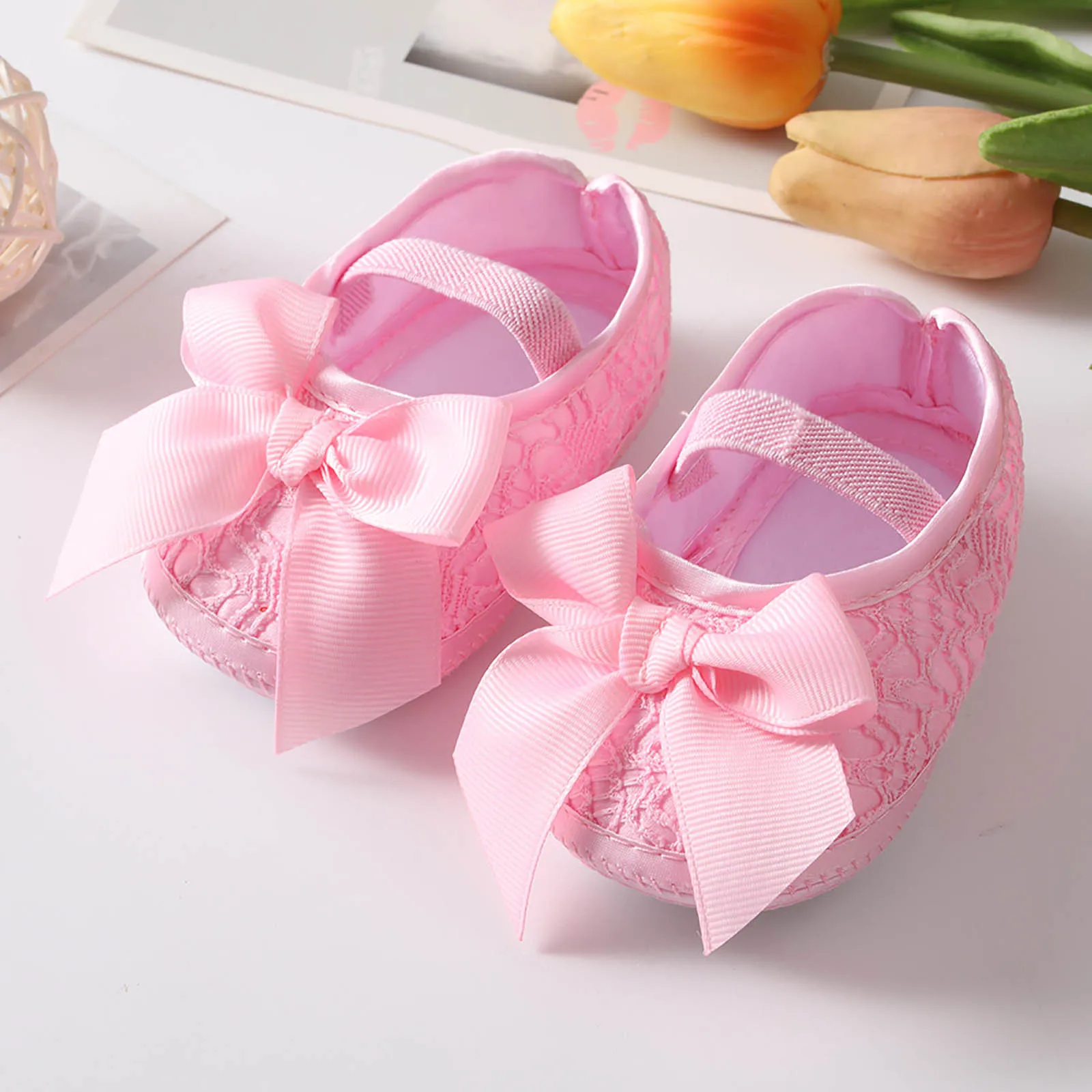 

Soft Sole Flower Newborn Baby Girl Christening Shoes Headband Set 2024 Lovely Princess Lace Bowknot Infant Non Slip First Walker