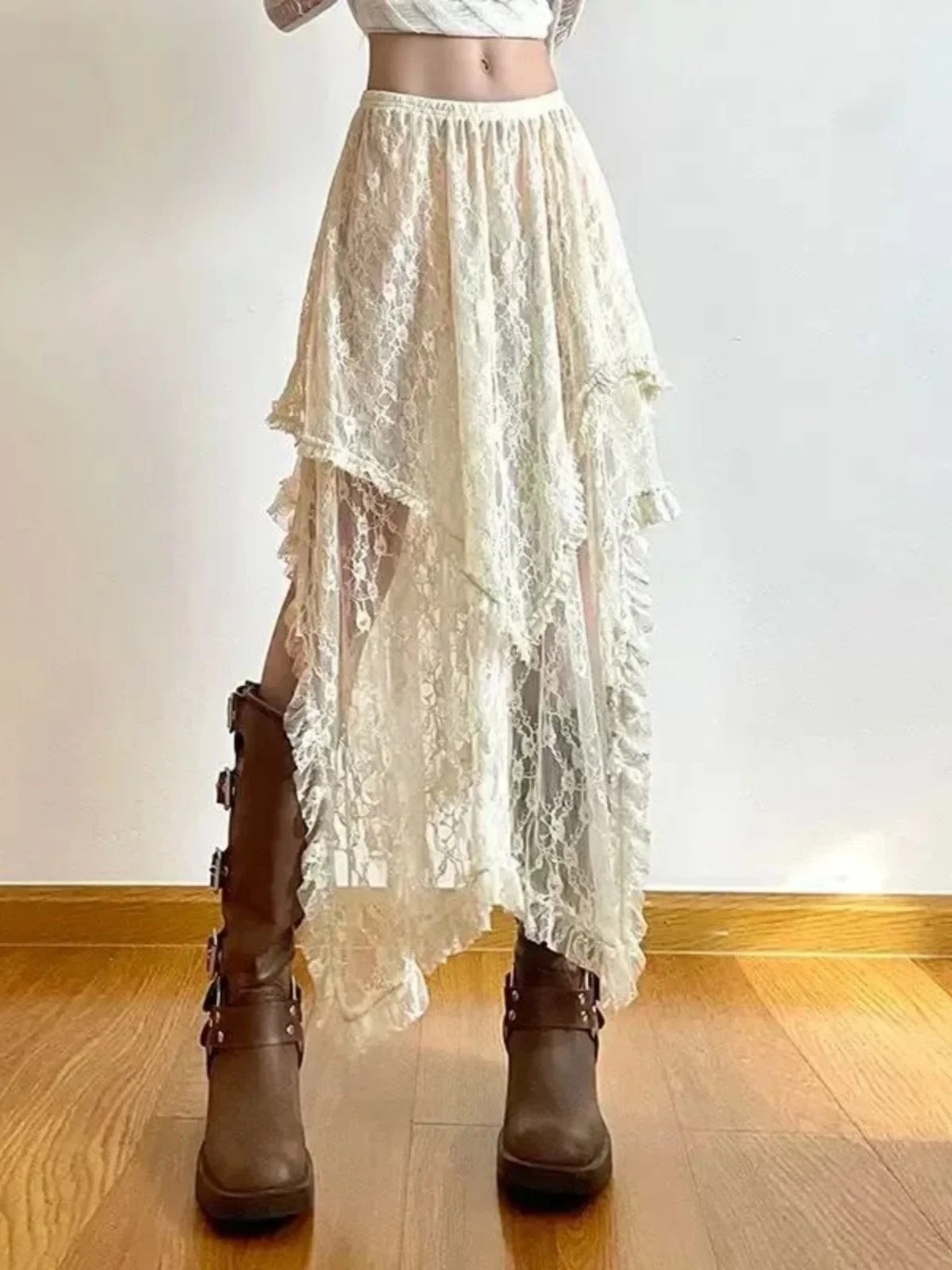 Saia Casual Irregular de Renda para Mulheres Estilo de Rua Cintura Média Saia Midi A-Line Ajuste Padrão 8-24 Anos Primavera