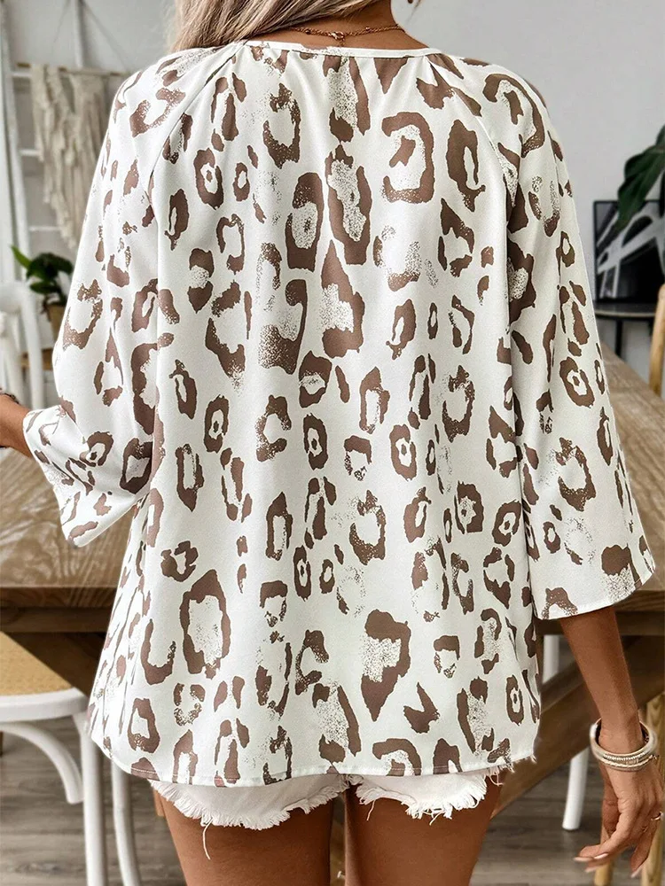 Vintage Leopard Print Elegant Shirt Women 2025 Spring Summer New Tops Stand Neck Long Sleeve Patchwork Shirts & Blouses Blusas