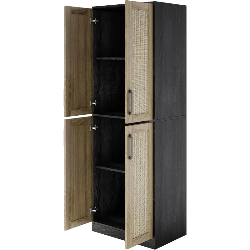 Armoire de rangement-armoire de garde-manger de cuisine, grande armoire de rangement autoportante avec 4 portes en rotin et étagères réglables