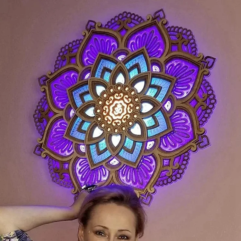 LED Night Light Modern Wall Decor With USB Ports Elegant Wooden Mandala Hanging MDF Panels Lamp Decoration