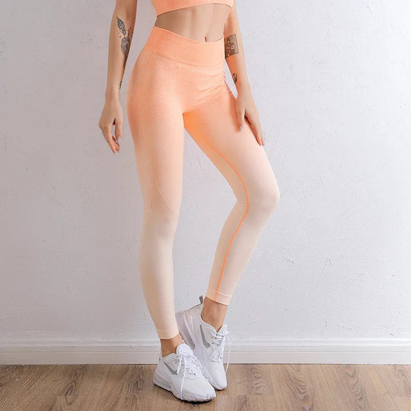 

Брюки для йоги с высокой талией и подтяжкой ягодиц — бесшовные плотные леггинсы с градиентом для бега и фитнеса