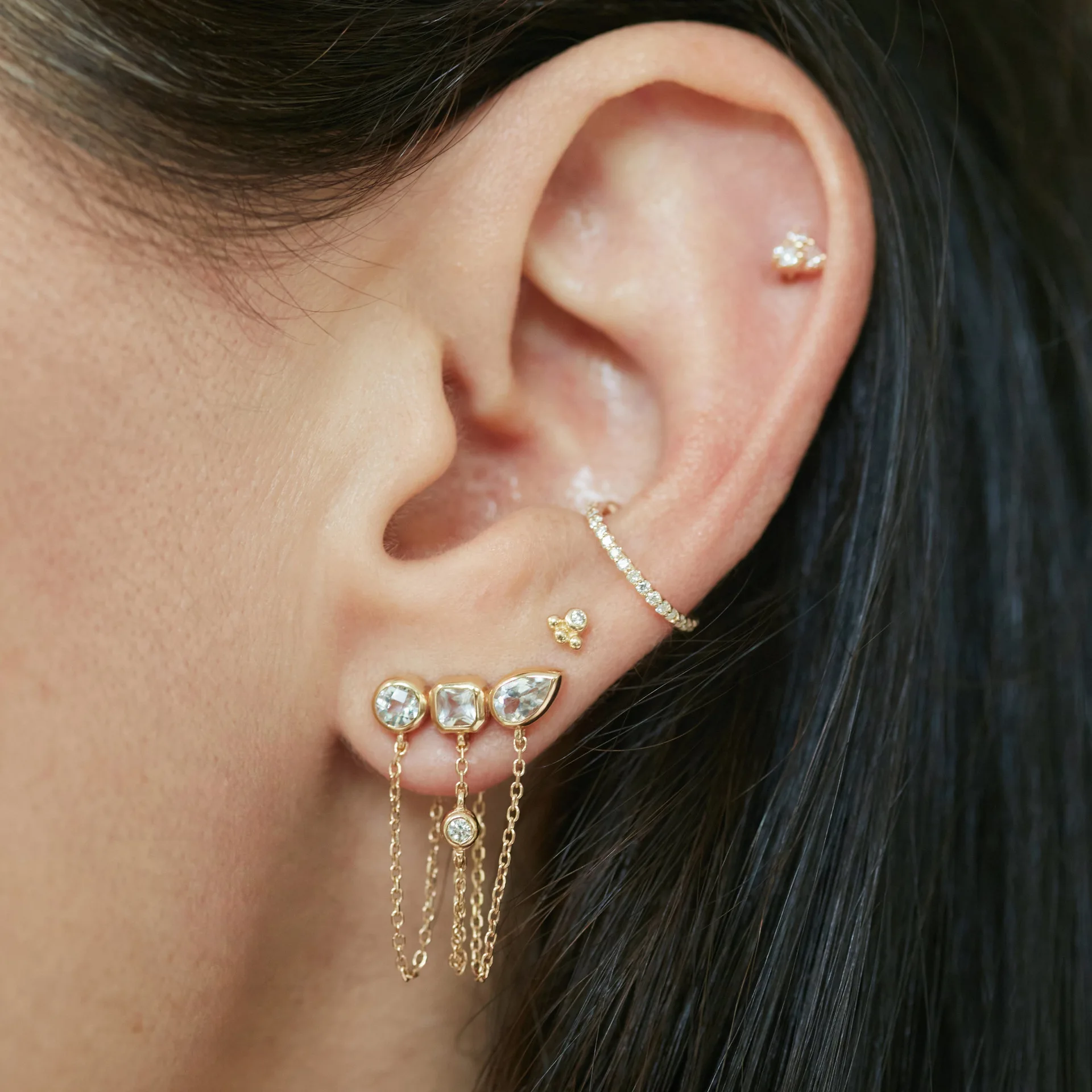 Clean Girl CZ Cluster Multi Chain Dangle Stud Earrings,Waterproof Non-Fading 18K Gold Plated Stainless Steel,Trendy Gift for Her