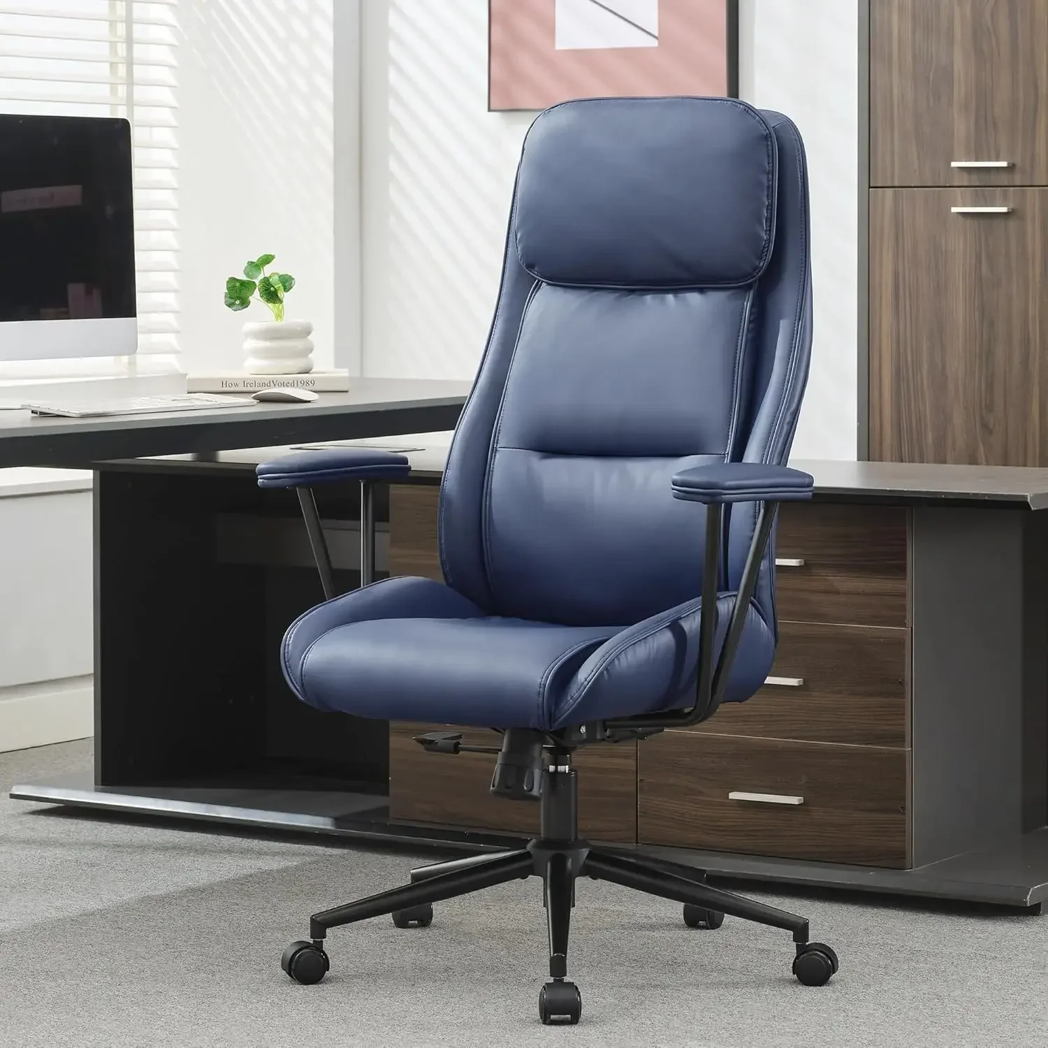 [할인된 가격, 핫 세일! ]모던 모던 가죽 사무실 의자, 요추 지지대가 있는 인체공학적 홈 오피스 책상 의자, 하이백 S