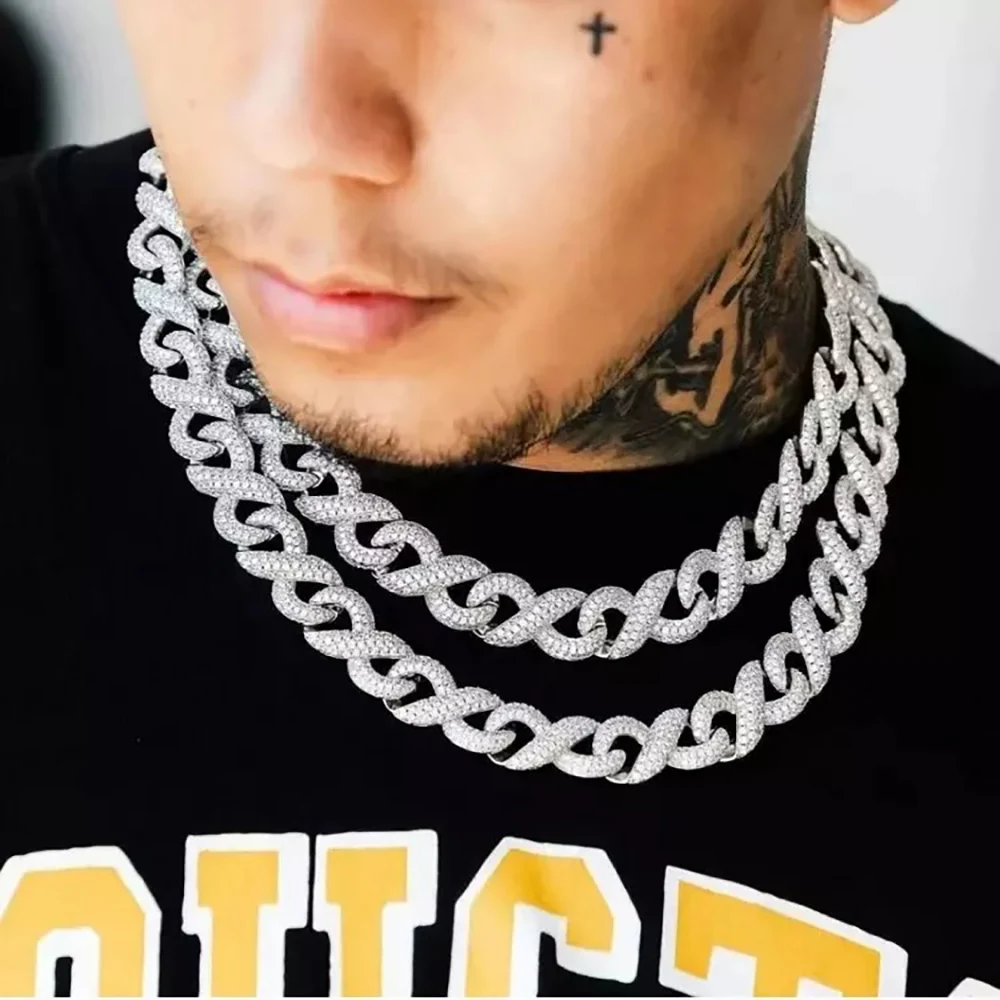 

15mm Width Hip Hop Men Box Clasp Necklace Bling Iced Out Cubic Zirconia 8-Word Link Chain Jewelry Infinity Necklace